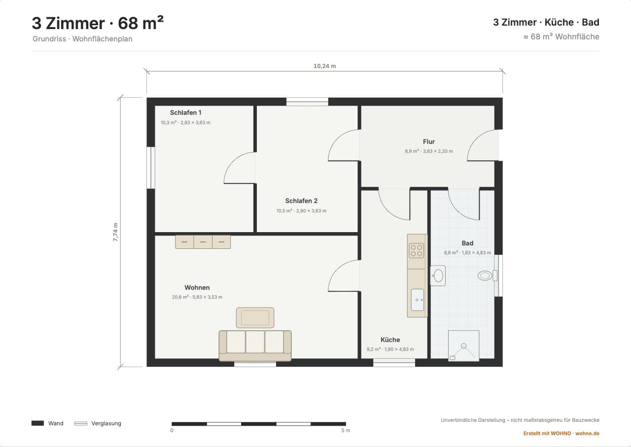 Exportierter Präsentationsplan der Wohnung mit Raumflächen und Maßstabsleiste