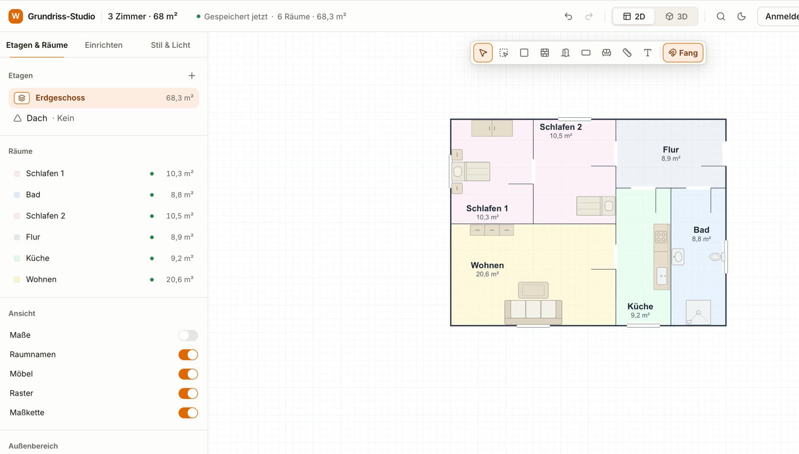 Grundriss-Studio im 2D-Modus: eingerichtete 3-Zimmer-Wohnung mit Raumliste und Flächen