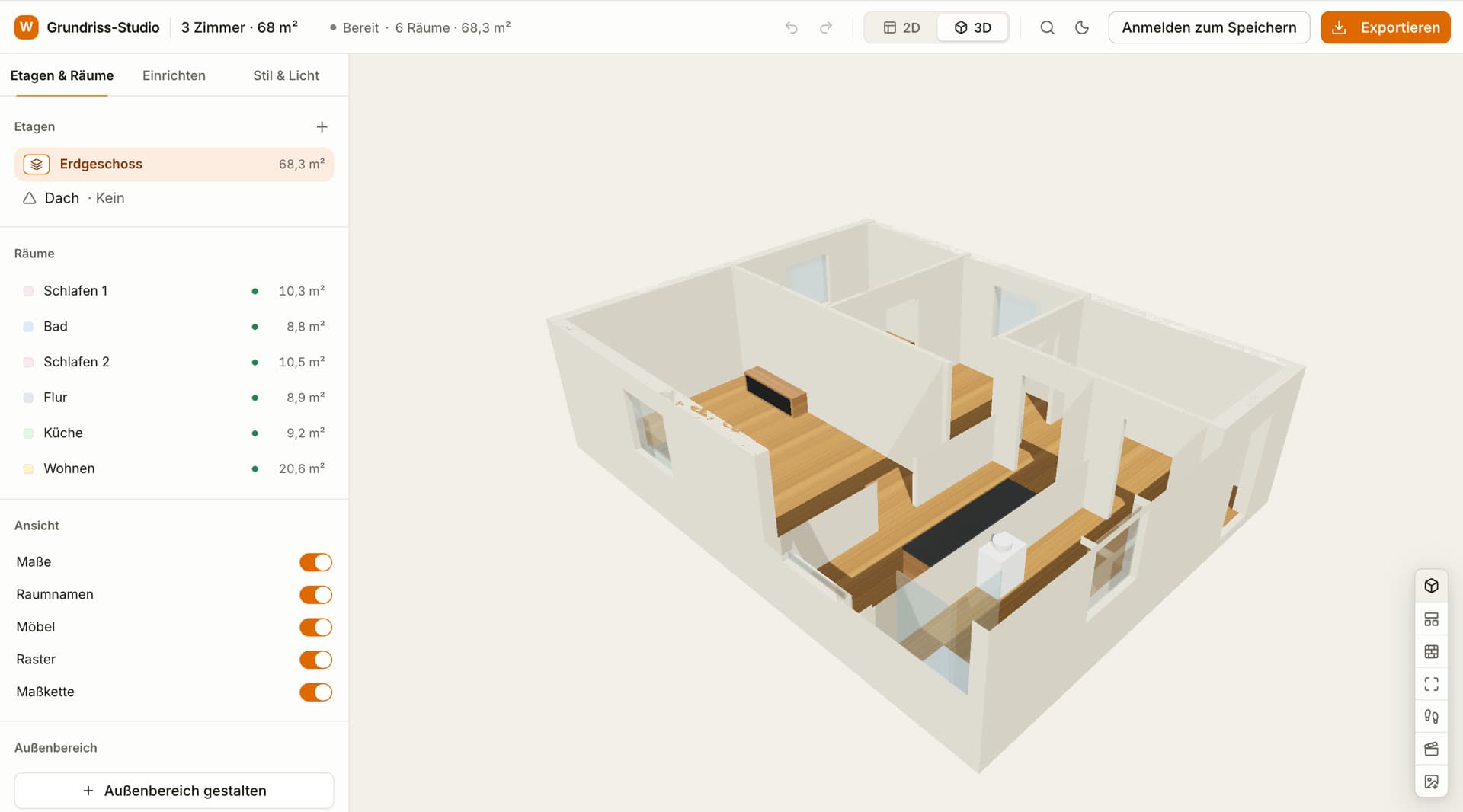 WOHNO Grundriss-Studio in der 3D-Ansicht: eingerichtete 3-Zimmer-Wohnung, links die Raumliste mit Flächen