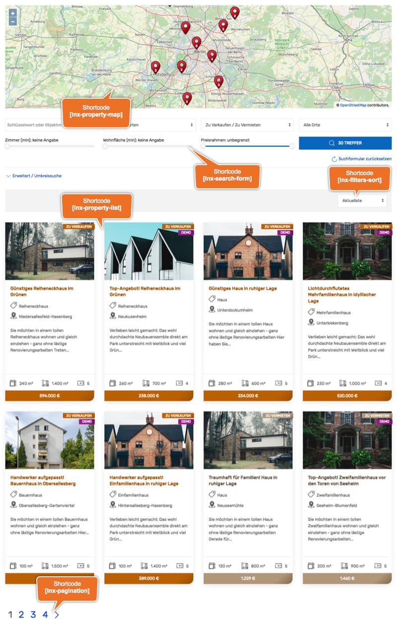 immonex Kickstart frontend: a grid of OpenImmo property cards above an OpenStreetMap with markers, plus search, filter and pagination shortcodes