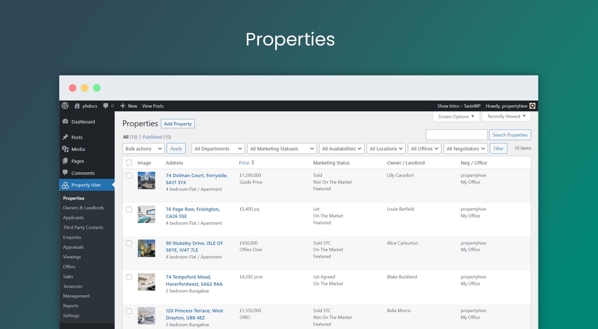 PropertyHive Backend: Objektliste in WordPress mit Spalten für Adresse, Preis, Marketing-Status, Eigentümer/Vermieter und Makler