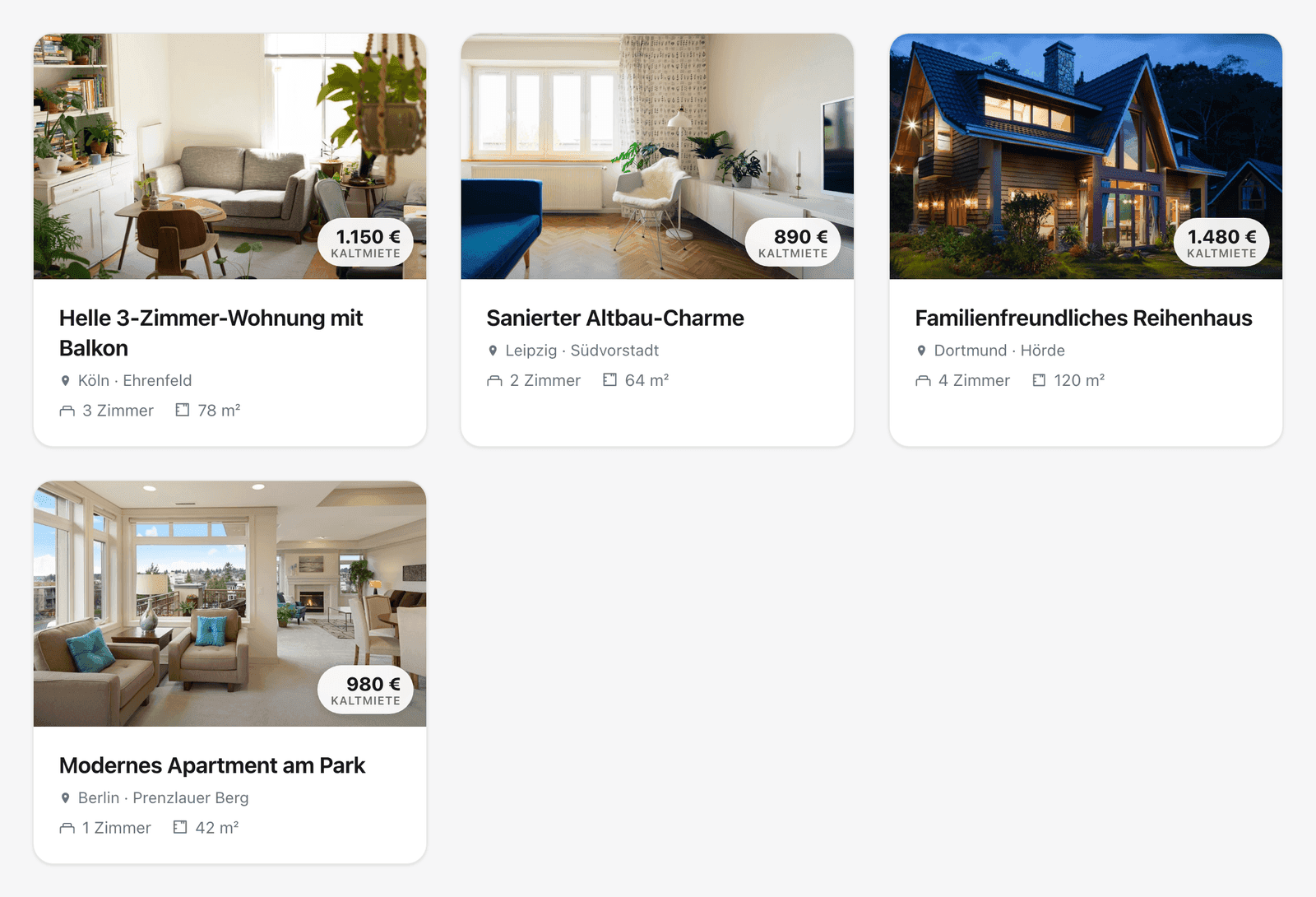 WOHNO plugin in the large-cards layout: image-led property cards in two columns