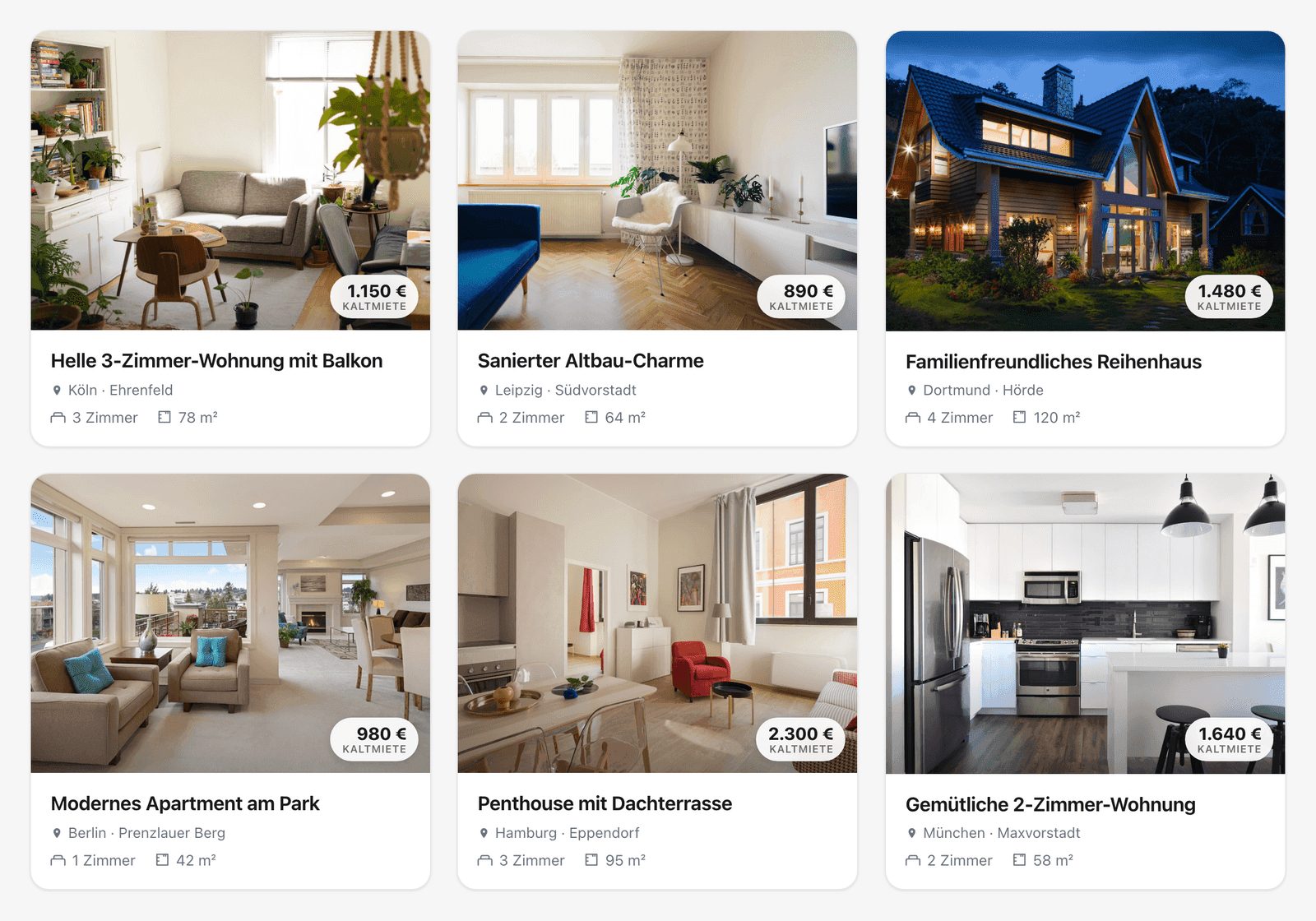 WOHNO-Plugin im Raster-Layout: drei Spalten mit Immobilienkarten, Preis-Pille, Zimmer- und Flächenangaben