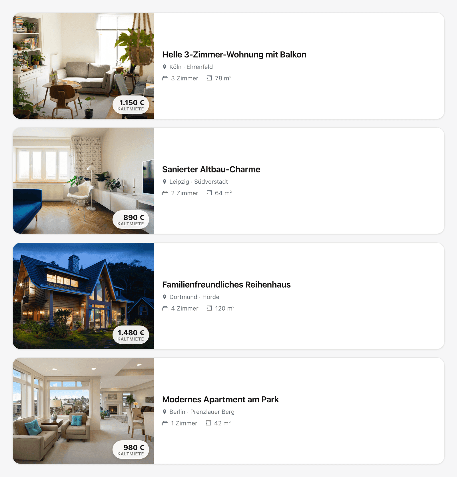WOHNO plugin in list layout: listings as wide rows with the image on the left and key facts on the right
