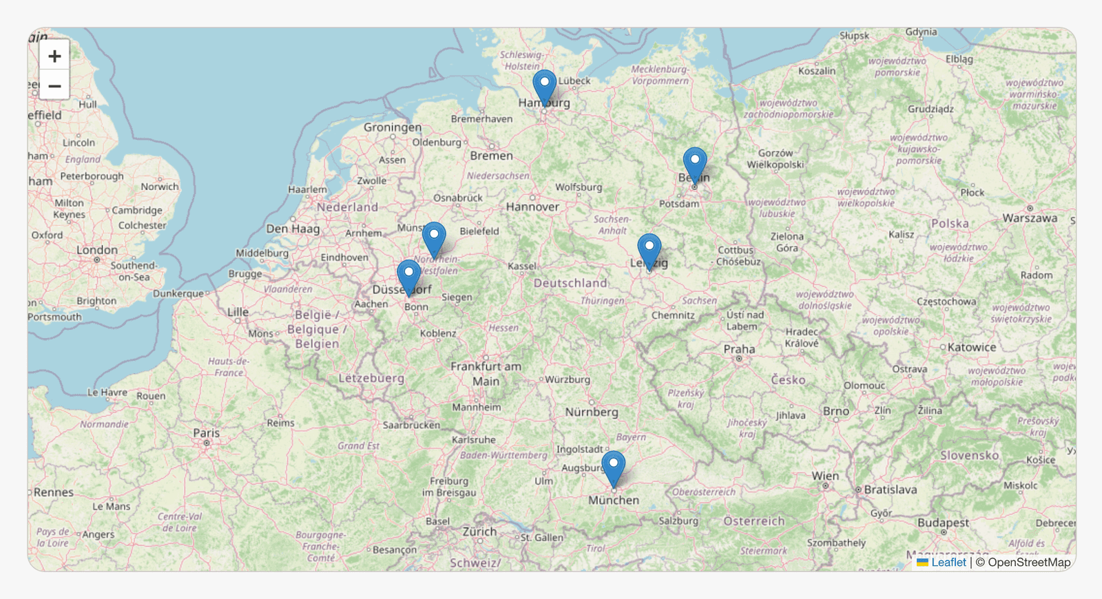 WOHNO plugin in map layout: an interactive map of Germany with markers for several listings