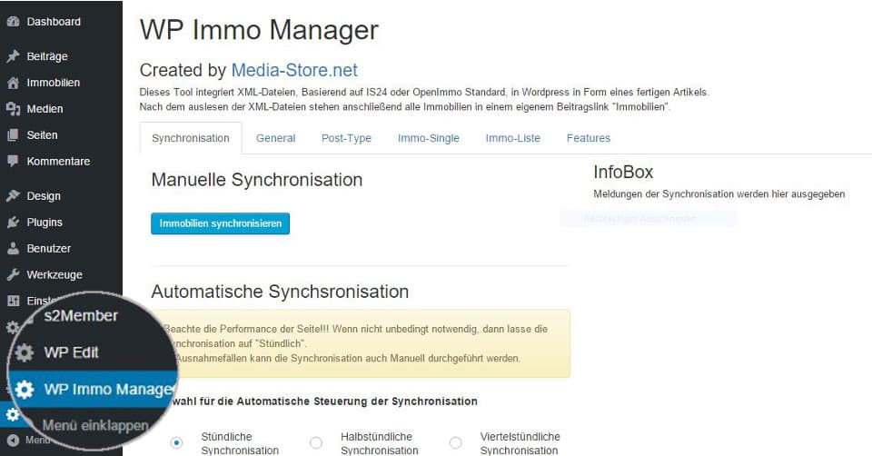 WP Immo Manager Backend: Einstellungen für die manuelle und automatische OpenImmo/IS24-Synchronisation im WordPress-Dashboard