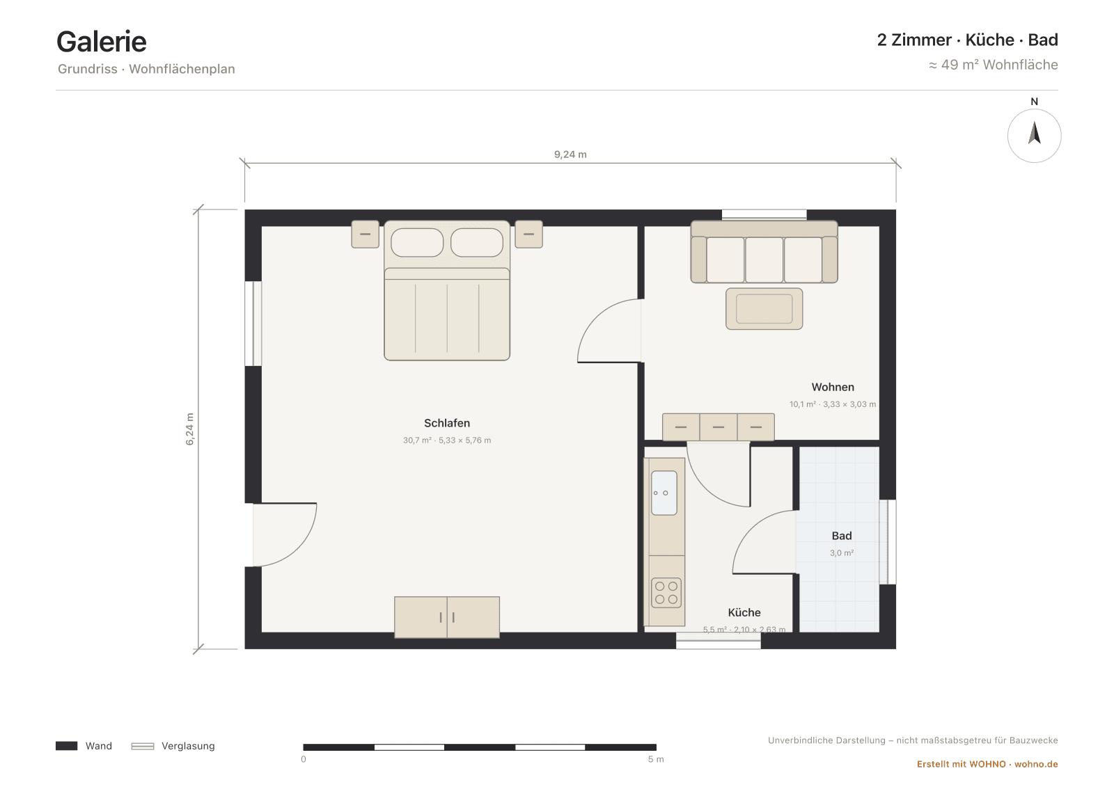 Präsentationsplan einer 2-Zimmer-Wohnung aus dem WOHNO Grundriss-Studio