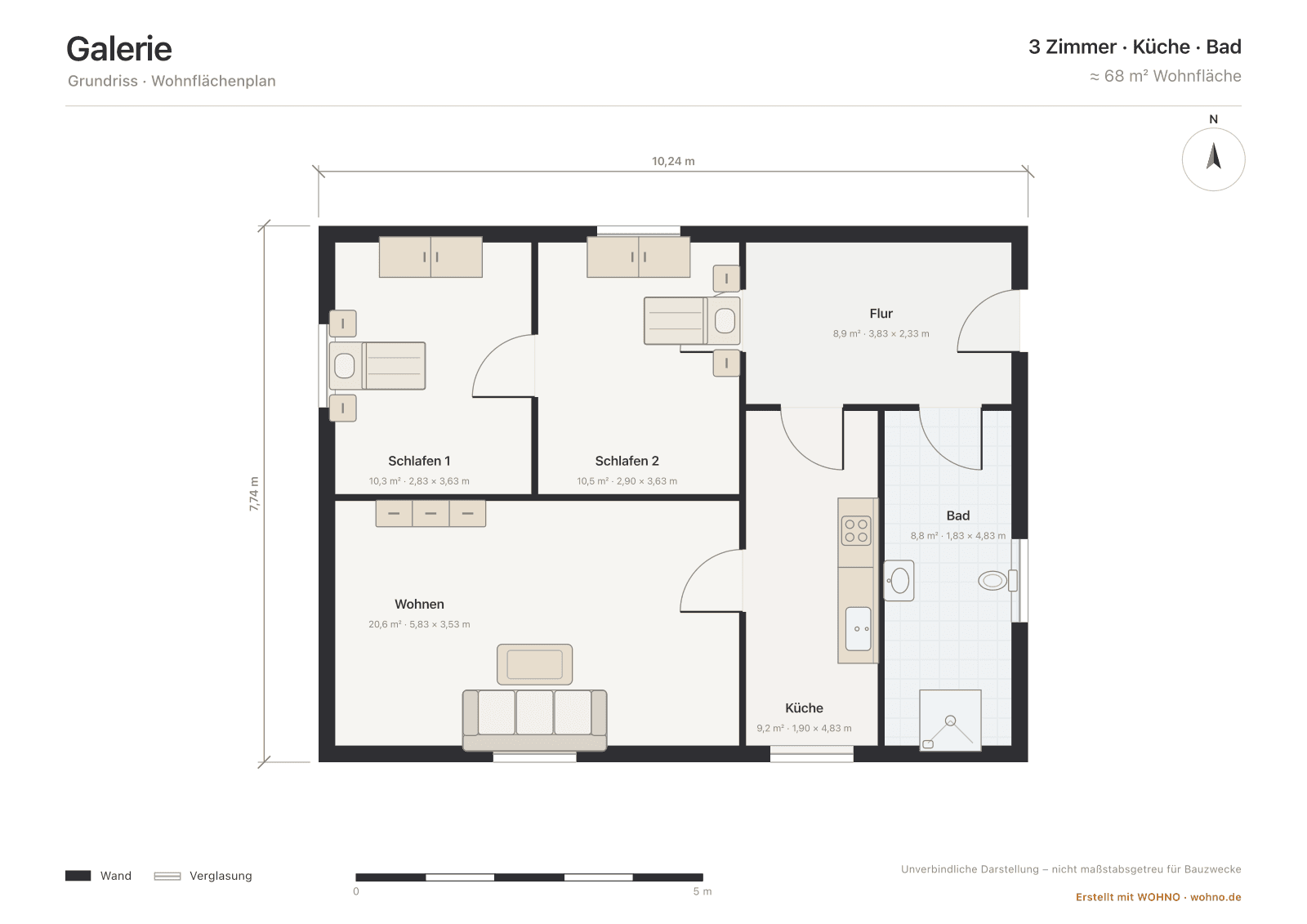Präsentationsplan einer 3-Zimmer-Wohnung aus dem WOHNO Grundriss-Studio