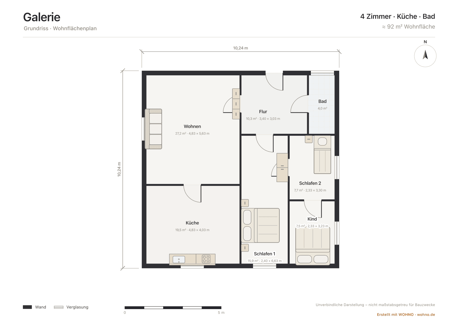 Präsentationsplan einer 4-Zimmer-Wohnung mit Möbeln aus dem WOHNO Grundriss-Studio